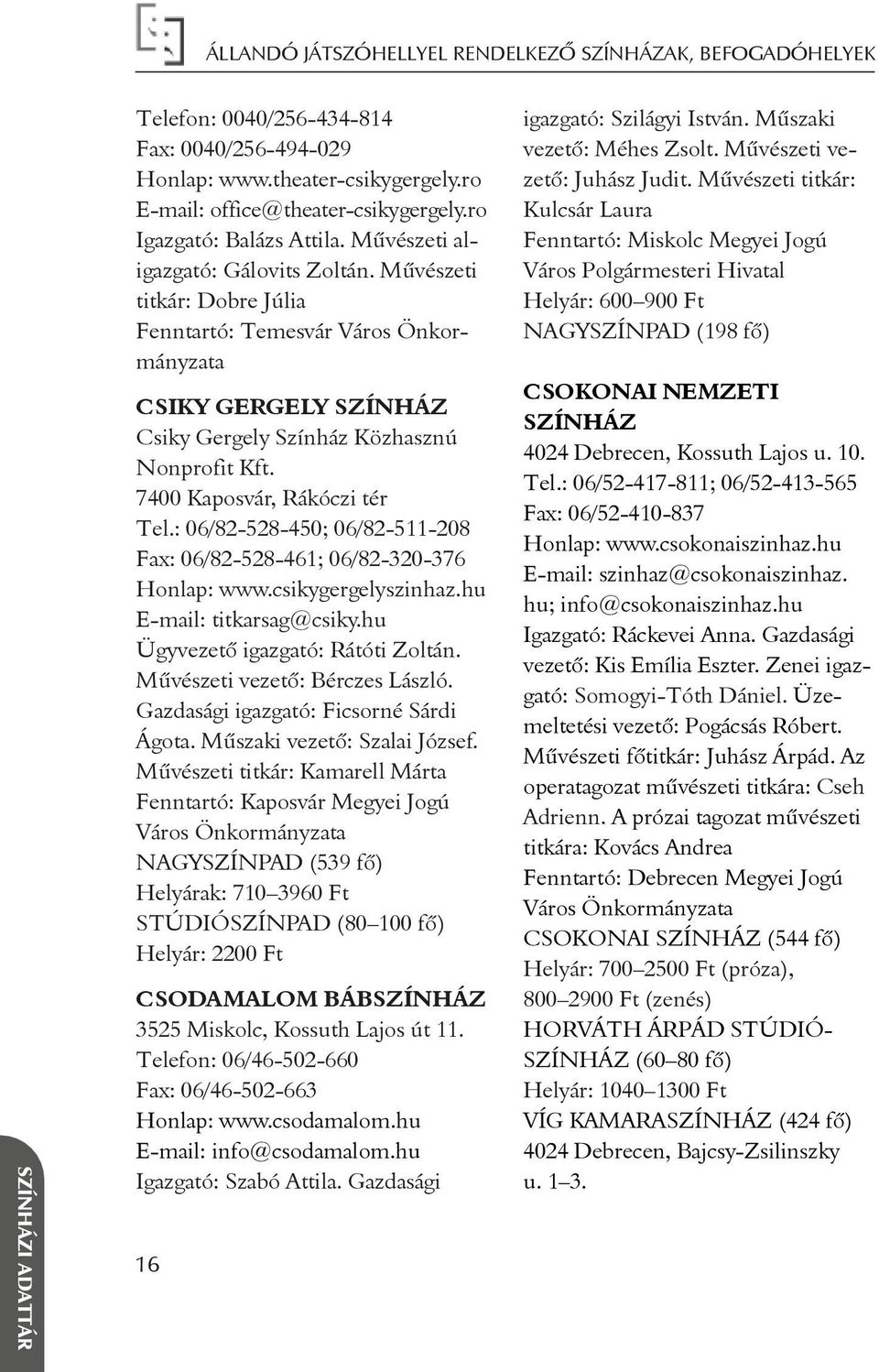 Művészeti titkár: Dobre Júlia Fenntartó: Temesvár Város Önkormányzata CSIKY GERGELY SZÍNHÁZ Csiky Gergely Színház Közhasznú Nonprofit Kft. 7400 Kaposvár, Rákóczi tér Tel.