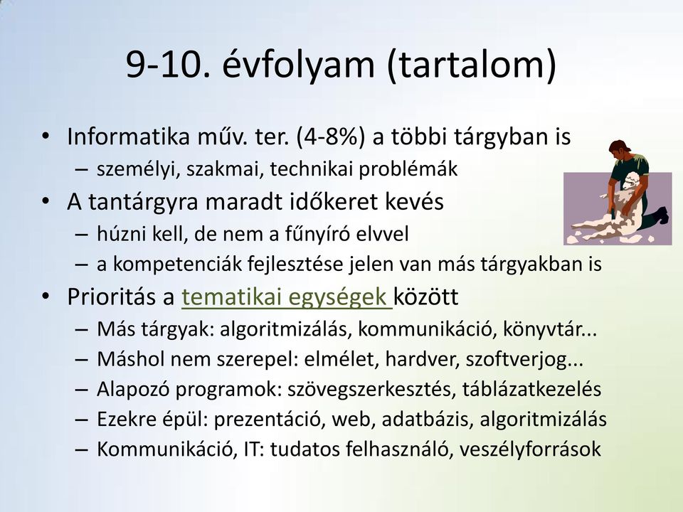 a kompetenciák fejlesztése jelen van más tárgyakban is Prioritás a tematikai egységek között Más tárgyak: algoritmizálás, kommunikáció,