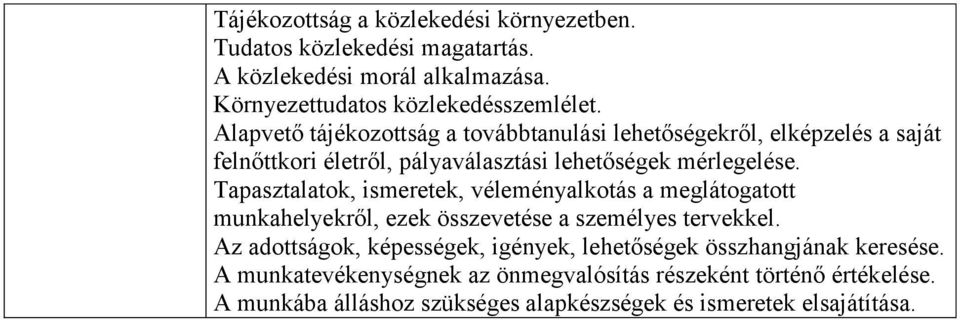 Tapasztalatok, ismeretek, véleményalkotás a meglátogatott munkahelyekről, ezek összevetése a személyes tervekkel.