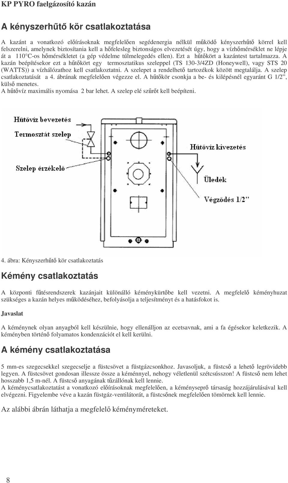 A kazán beépítésekor ezt a htkört egy termosztatikus szeleppel (TS 130-3/4ZD (Honeywell), vagy STS 20 (WATTS)) a vízhálózathoz kell csatlakoztatni. A szelepet a rendelhet tartozékok között megtalálja.
