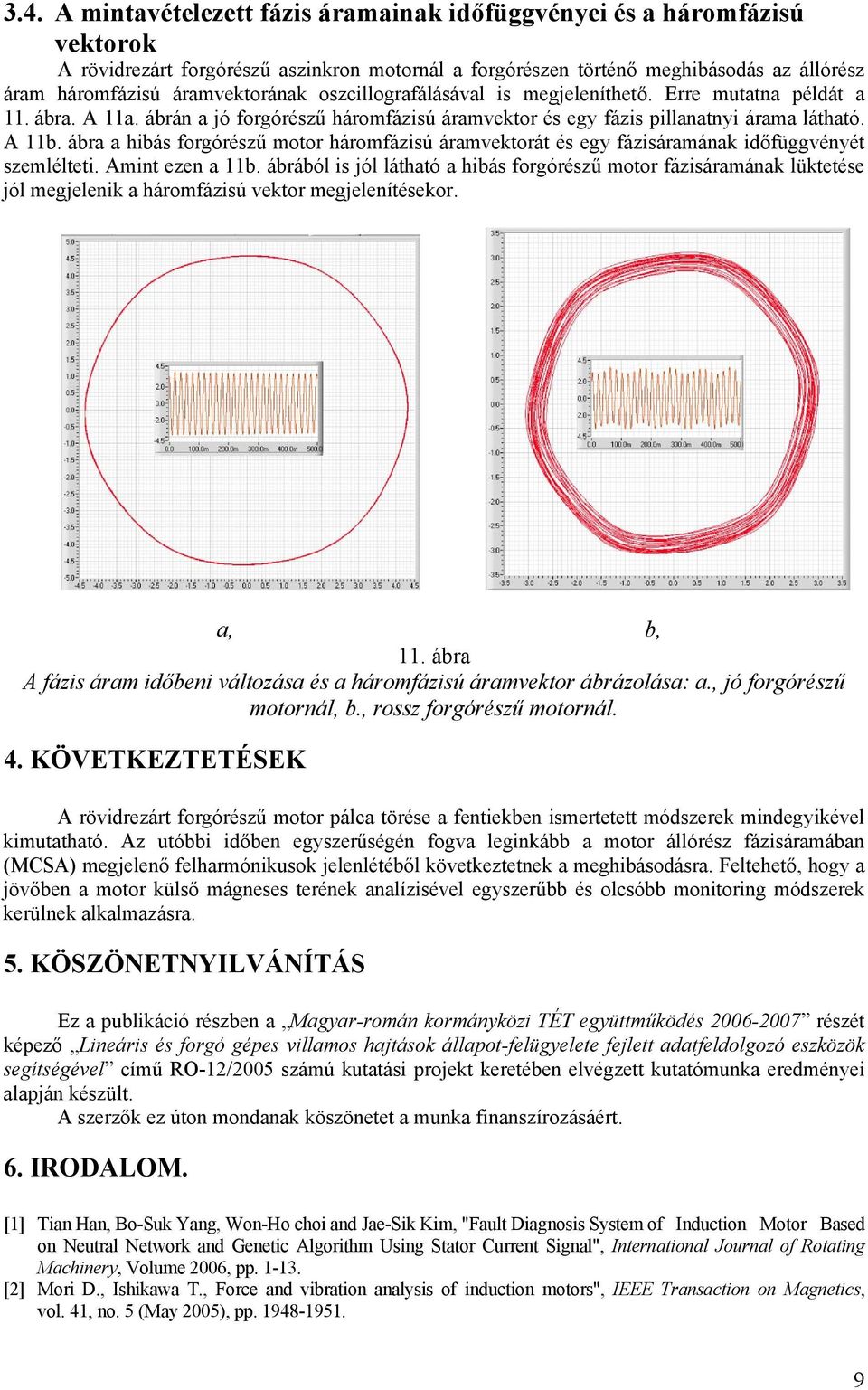 ábra a hibás forgórészű motor háromfázisú áramvektorát és egy fázisáramának időfüggvényét szemlélteti. Amint ezen a 11b.
