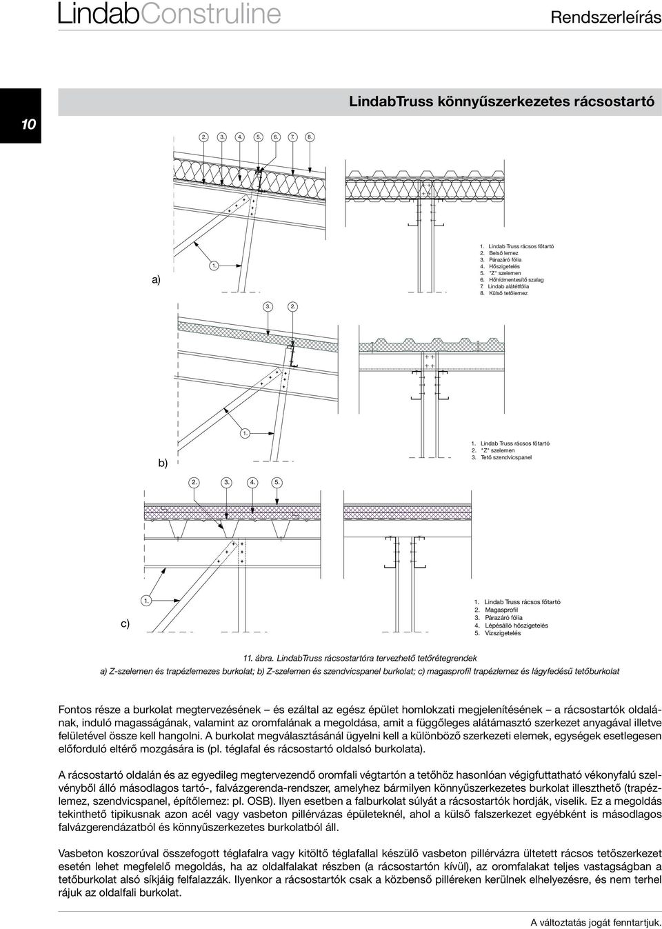 ábra. LindabTruss rácsostartóra tervezhető tetőrétegrendek a) Z-szelemen és trapézlemezes burkolat; b) Z-szelemen és szendvicspanel burkolat; c) magasprofil trapézlemez és lágyfedésű tetőburkolat