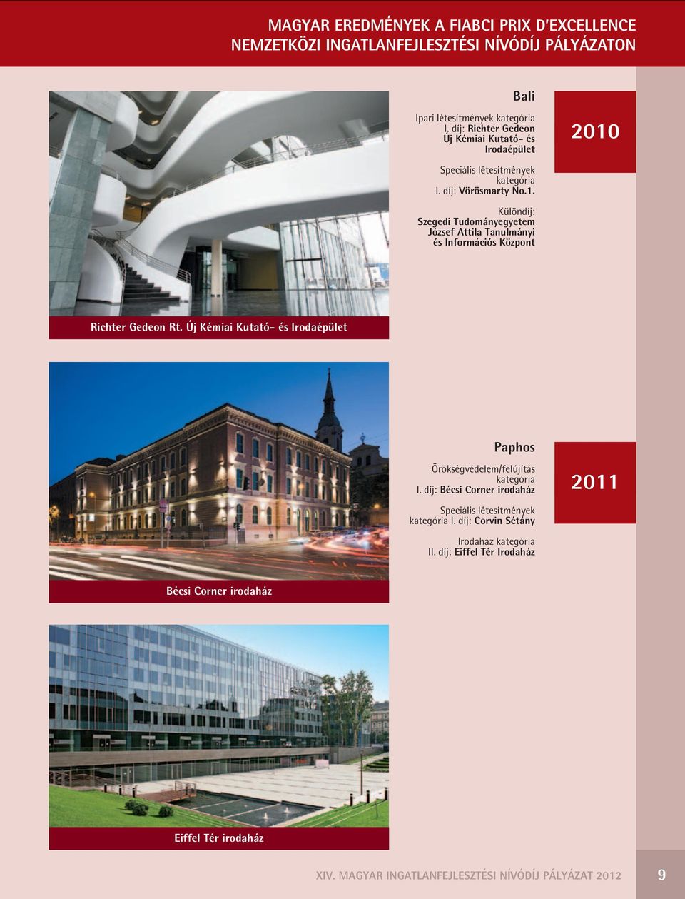 Új Kémiai Kutató- és Irodaépület Paphos Örökségvédelem/felújítás kategória I. díj: Bécsi Corner irodaház 2011 Speciális létesítmények kategória I.