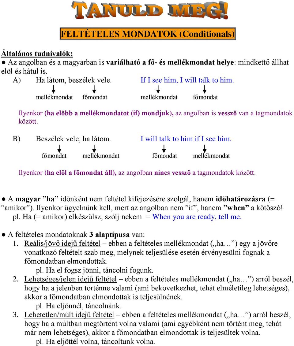 B) Beszélek vele, ha látom. I will talk to him if I see him. főmondat mellékmondat főmondat mellékmondat Ilyenkor (ha elöl a főmondat áll), az angolban nincs vessző a tagmondatok között.