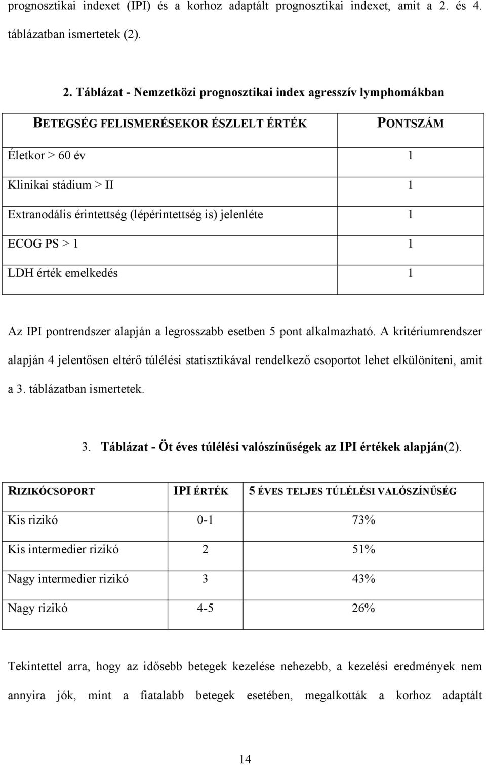 Táblázat - Nemzetközi prognosztikai index agresszív lymphomákban BETEGSÉG FELISMERÉSEKOR ÉSZLELT ÉRTÉK PONTSZÁM Életkor > 60 év 1 Klinikai stádium > II 1 Extranodális érintettség (lépérintettség is)