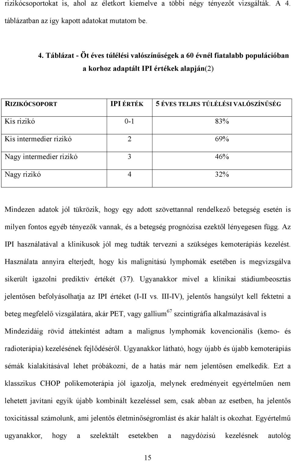 Táblázat - Öt éves túlélési valószín ségek a 60 évnél fiatalabb populációban a korhoz adaptált IPI értékek alapján(2) RIZIKÓCSOPORT IPI ÉRTÉK 5 ÉVES TELJES TÚLÉLÉSI VALÓSZÍN SÉG Kis rizikó 0-1 83%