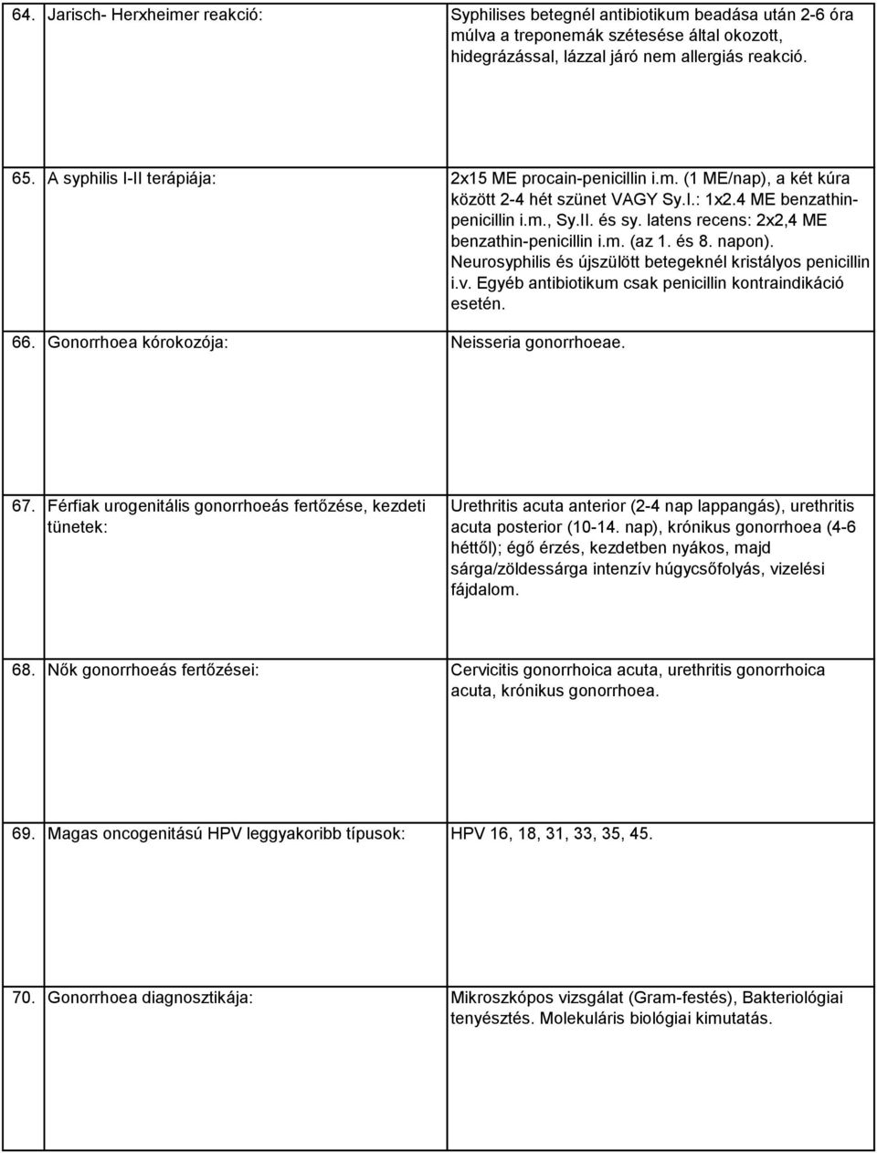 latens recens: 2x2,4 ME benzathin-penicillin i.m. (az 1. és 8. napon). Neurosyphilis és újszülött betegeknél kristályos penicillin i.v. Egyéb antibiotikum csak penicillin kontraindikáció esetén. 66.