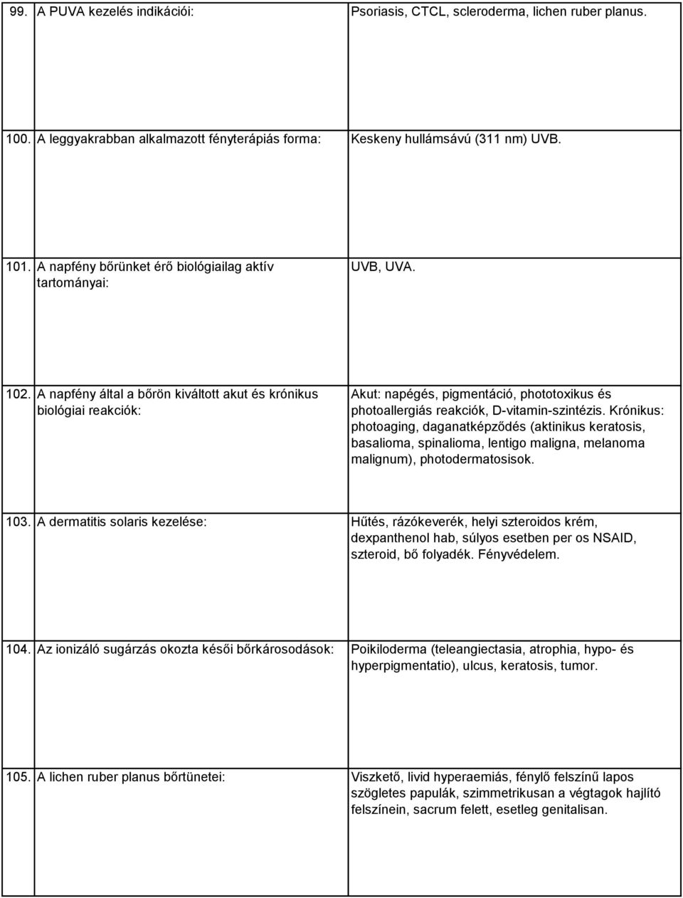 A napfény által a bőrön kiváltott akut és krónikus biológiai reakciók: Akut: napégés, pigmentáció, phototoxikus és photoallergiás reakciók, D-vitamin-szintézis.