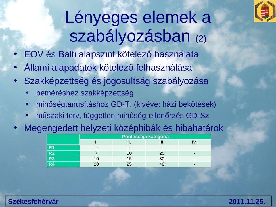 GD-T, (kivéve: házi bekötések) műszaki terv, független minőség-ellenőrzés GD-Sz Megengedett helyzeti