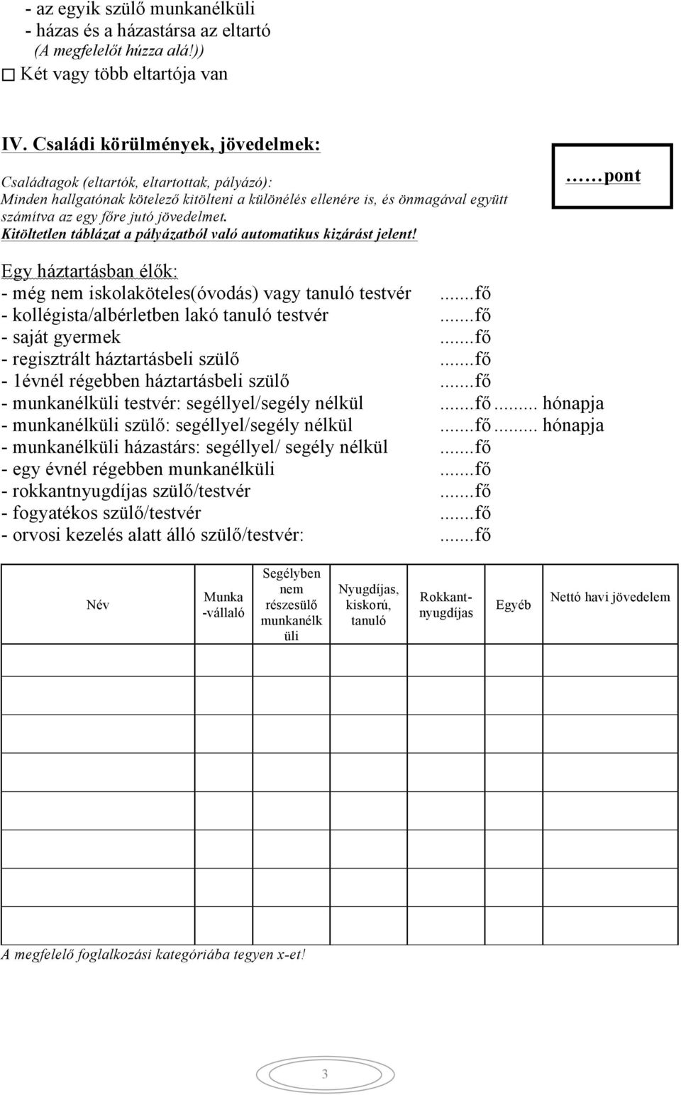 Kitöltetlen táblázat a pályázatból való automatikus kizárást jelent! pont Egy háztartásban élők: - még nem iskolaköteles(óvodás) vagy tanuló testvér... fő - kollégista/albérletben lakó tanuló testvér.