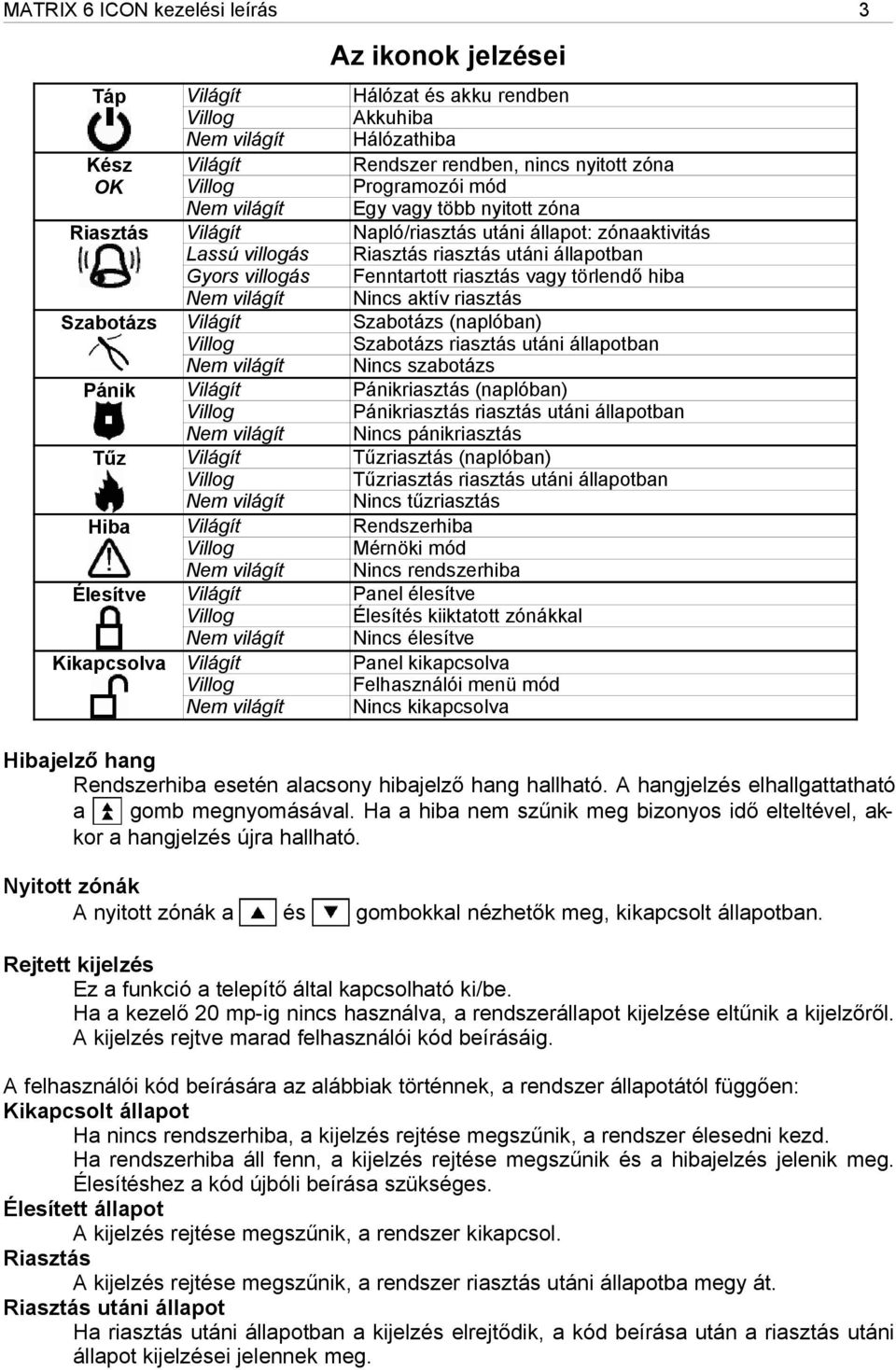 Szabotázs Világít Szabotázs (naplóban) Szabotázs riasztás utáni állapotban Nem világít Nincs szabotázs Pánik Világít Pánikriasztás (naplóban) Pánikriasztás riasztás utáni állapotban Nem világít Nincs