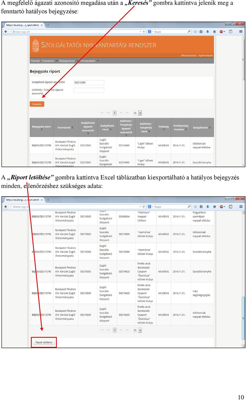 Riport letöltése gombra kattintva Excel táblázatban