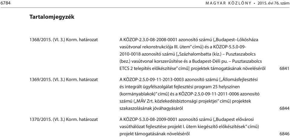 Pusztaszabolcs ETCS 2 telepítés előkészítése című] projektek támogatásának növeléséről 6841 1369/2015.