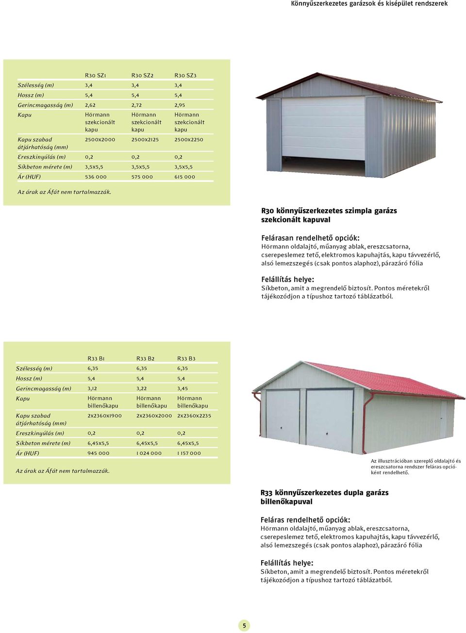 oldalajtó, műanyag ablak, ereszcsatorna, cserepeslemez tető, elektromos hajtás, távvezérlő, alsó lemezszegés (csak pontos alaphoz), párazáró fólia R33 B1 R33 B2 R33 B3 Szélesség (m) 6,35 6,35 6,35