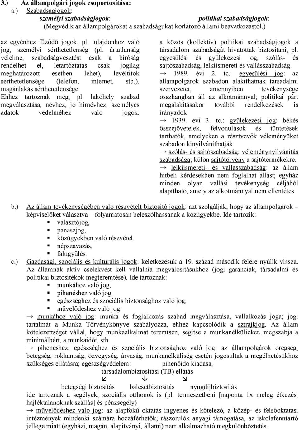 ártatlanság vélelme, szabadságvesztést csak a bíróság rendelhet el, letartóztatás csak jogilag meghatározott esetben lehet), levéltitok sérthetetlensége (telefon, internet, stb.