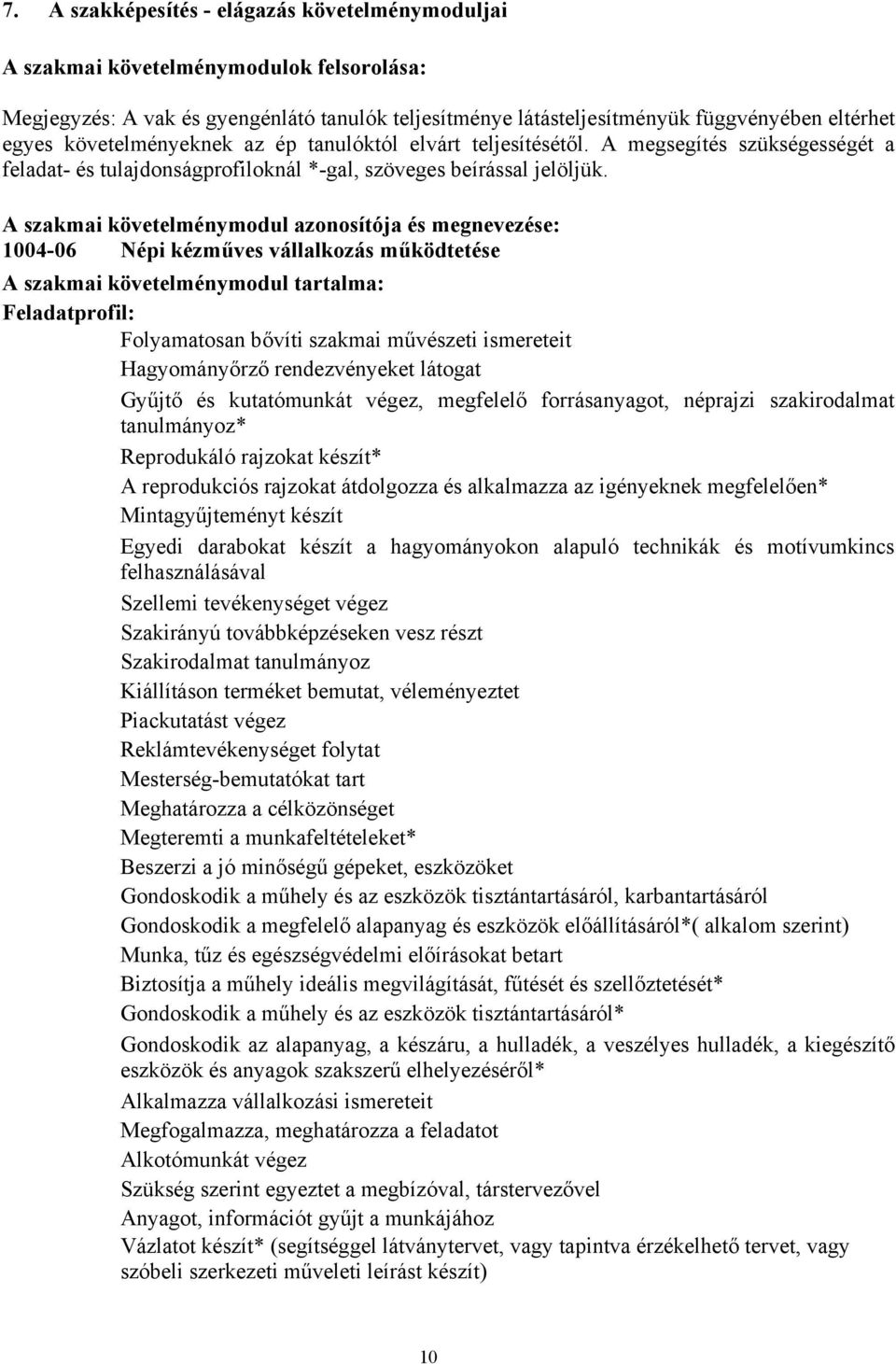 A szakmai követelménymodul azonosítója és megnevezése: 1004-06 Népi kézműves vállalkozás működtetése A szakmai követelménymodul tartalma: Feladatprofil: Folyamatosan bővíti szakmai művészeti