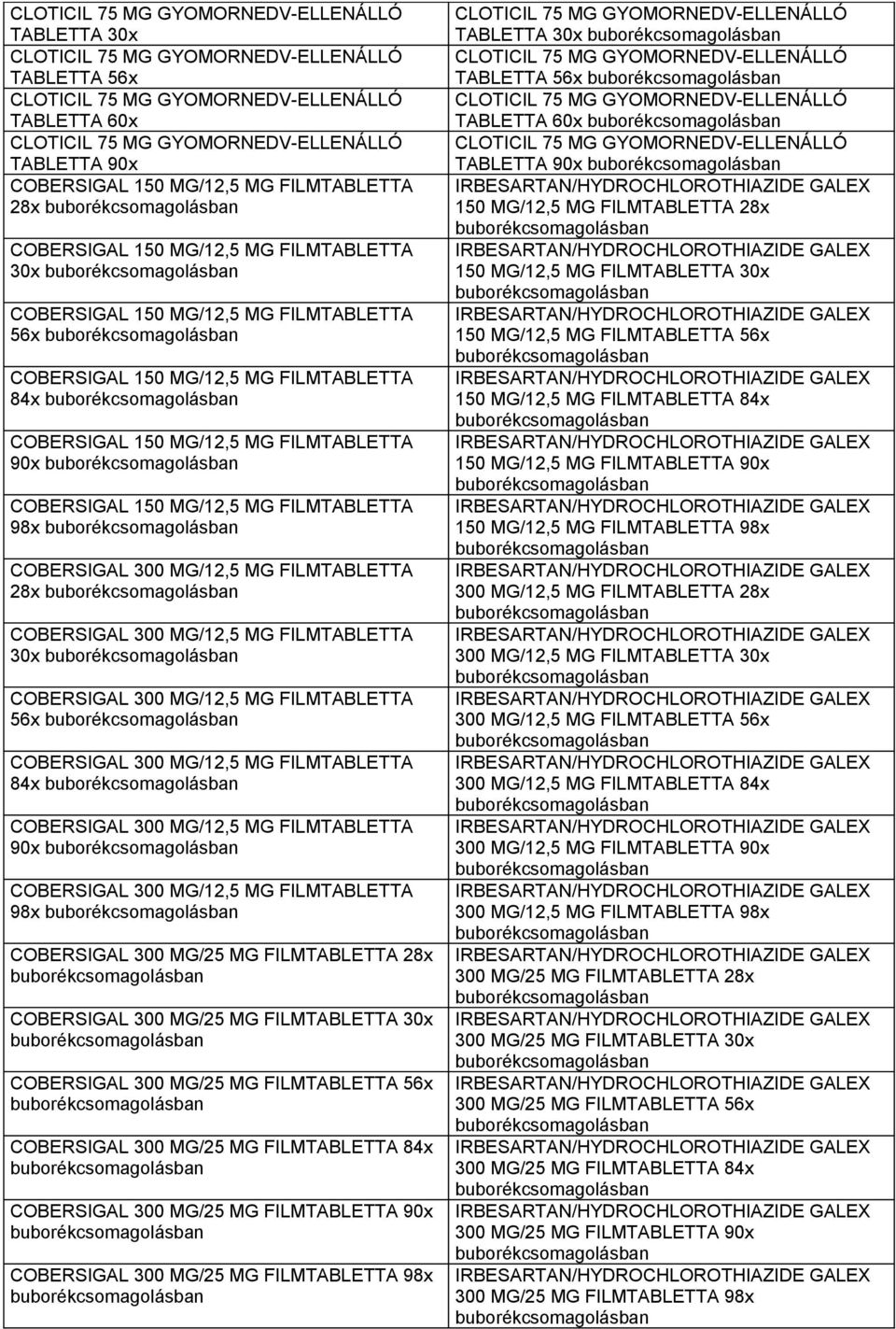 FILMTABLETTA 90x COBERSIGAL 150 MG/12,5 MG FILMTABLETTA 98x COBERSIGAL 300 MG/12,5 MG FILMTABLETTA 28x COBERSIGAL 300 MG/12,5 MG FILMTABLETTA 30x COBERSIGAL 300 MG/12,5 MG FILMTABLETTA 56x COBERSIGAL