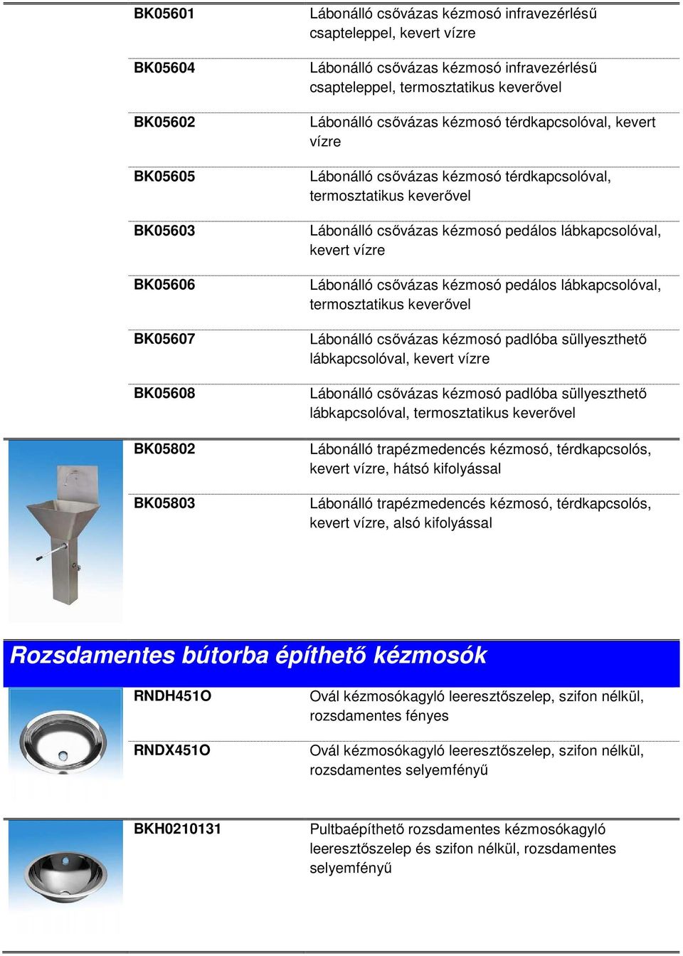 lábkapcsolóval, kevert vízre Lábonálló csővázas kézmosó pedálos lábkapcsolóval, termosztatikus keverővel Lábonálló csővázas kézmosó padlóba süllyeszthető lábkapcsolóval, kevert vízre Lábonálló