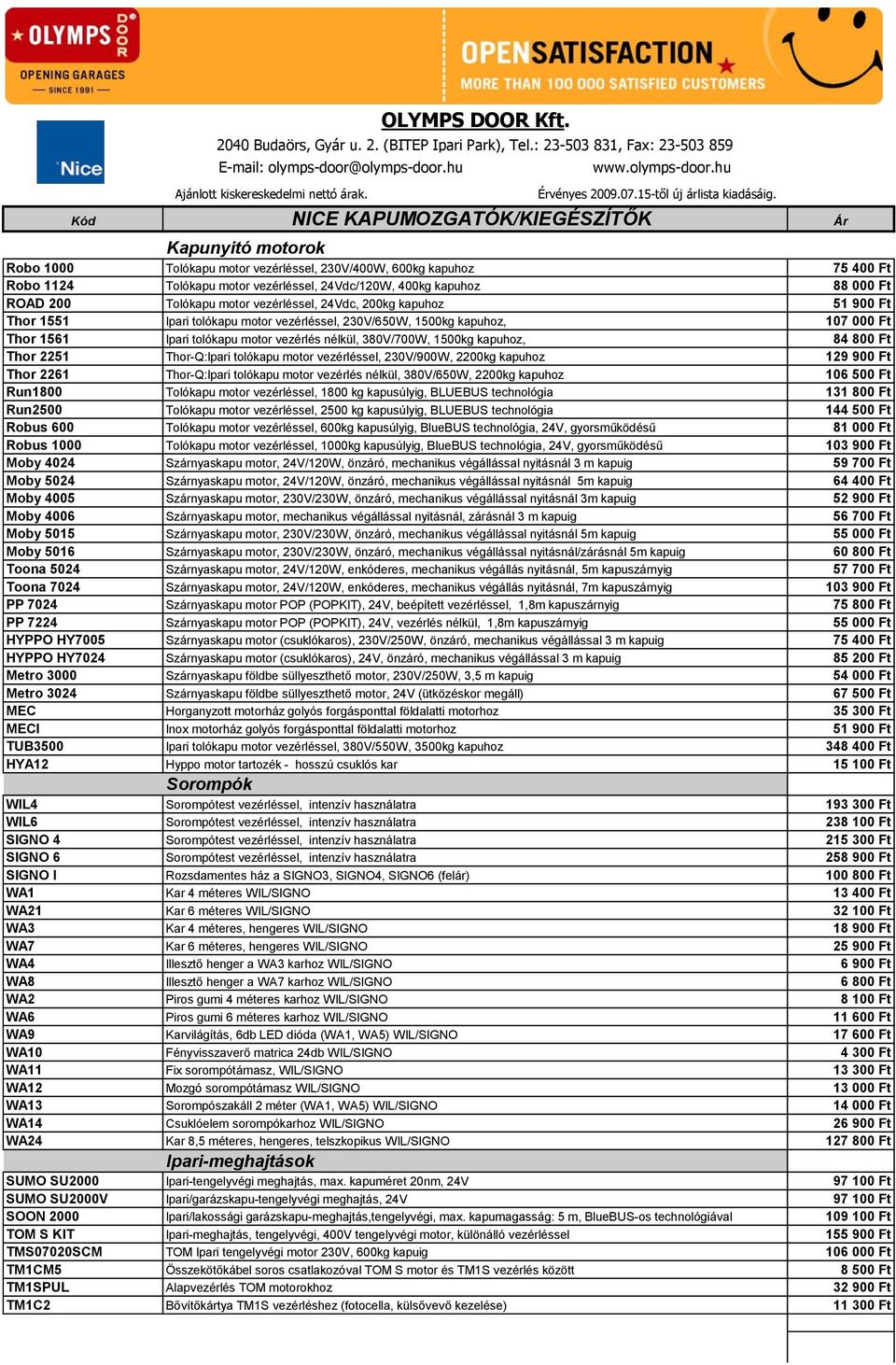 Kód NICE KAPUMOZGATÓK/KIEGÉSZÍTŐK Ár Kapunyitó motorok Robo 1000 Tolókapu motor vezérléssel, 230V/400W, 600kg kapuhoz 75 40 Robo 1124 Tolókapu motor vezérléssel, 24Vdc/120W, 400kg kapuhoz 88 00 ROAD