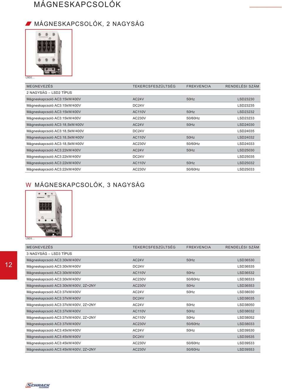 AC3:15kW/400V AC110V 50Hz LSD23232 Mágneskapcsoló AC3:15kW/400V AC230V 50/60Hz LSD23233 Mágneskapcsoló AC3:18,5kW/400V AC24V 50Hz LSD24030 Mágneskapcsoló AC3:18,5kW/400V DC24V LSD24035 Mágneskapcsoló