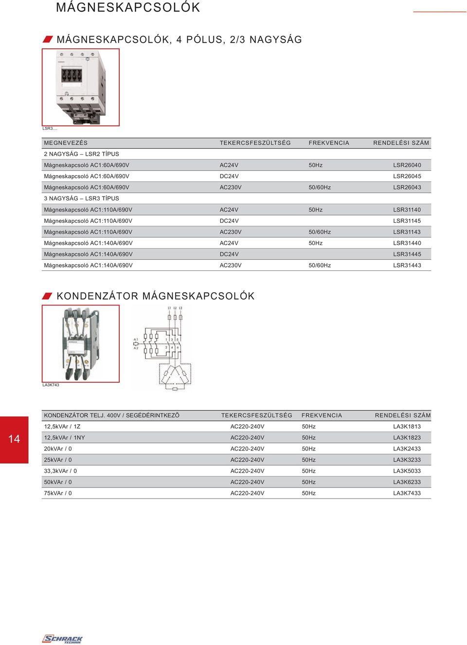 AC230V 50/60Hz LSR26043 3 NAGYSÁG LSR3 TÍPUS Mágneskapcsoló AC1:110A/690V AC24V 50Hz LSR31140 Mágneskapcsoló AC1:110A/690V DC24V LSR31145 Mágneskapcsoló AC1:110A/690V AC230V 50/60Hz LSR31143