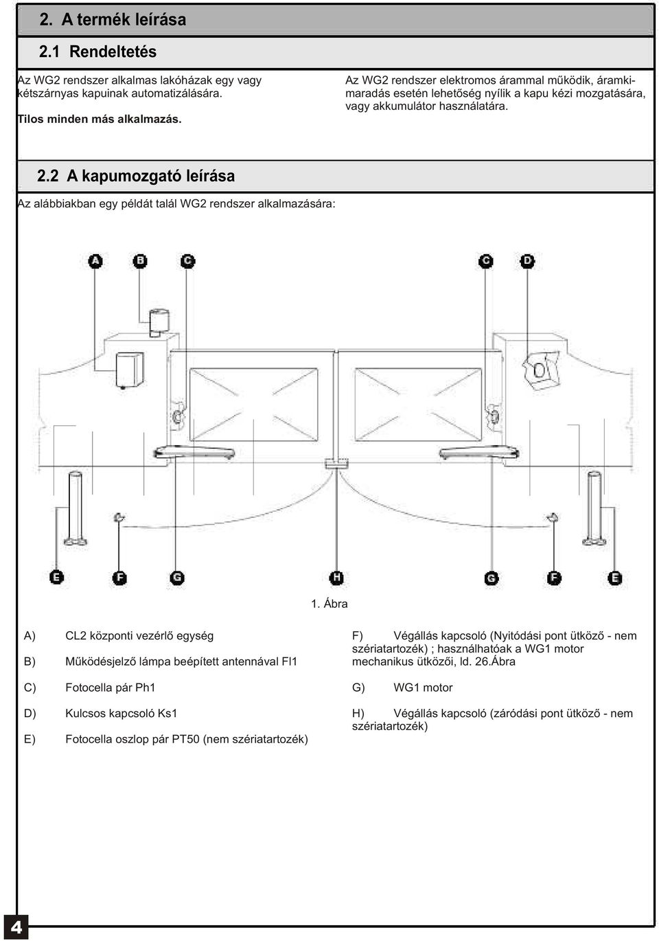2 A kapumozgató leírása Az alábbiakban egy példát talál WG2 rendszer alkalmazására: 1.