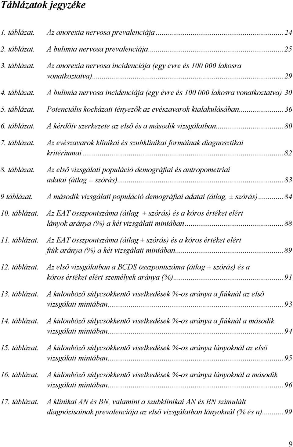 ..80 7. táblázat. Az evészavarok klinikai és szubklinikai formáinak diagnosztikai kritériumai...82 8. táblázat. Az első vizsgálati populáció demográfiai és antropometriai adatai (átlag ± szórás).