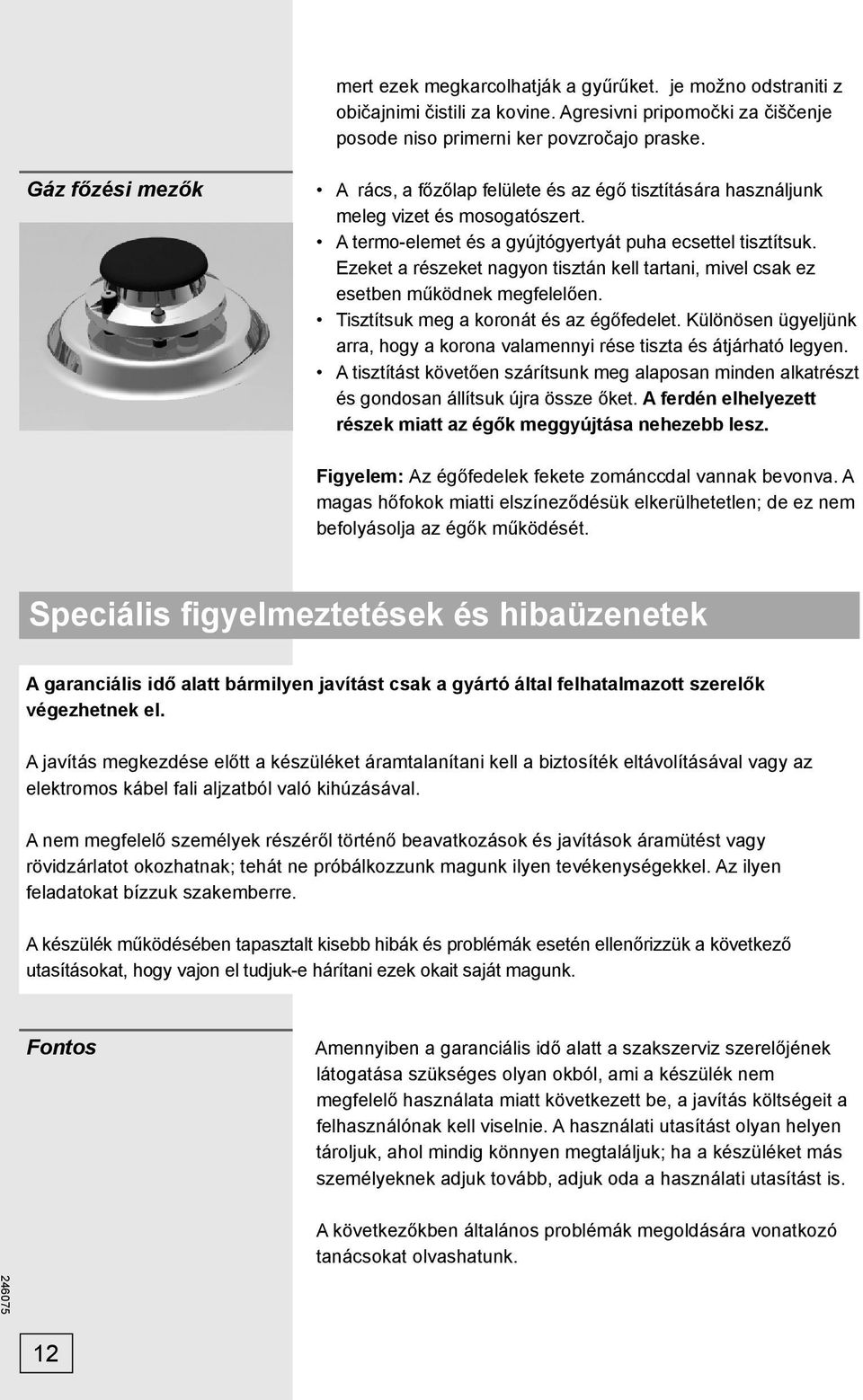 Ezeket a részeket nagyon tisztán kell tartani, mivel csak ez esetben működnek megfelelően. Tisztítsuk meg a koronát és az égőfedelet.