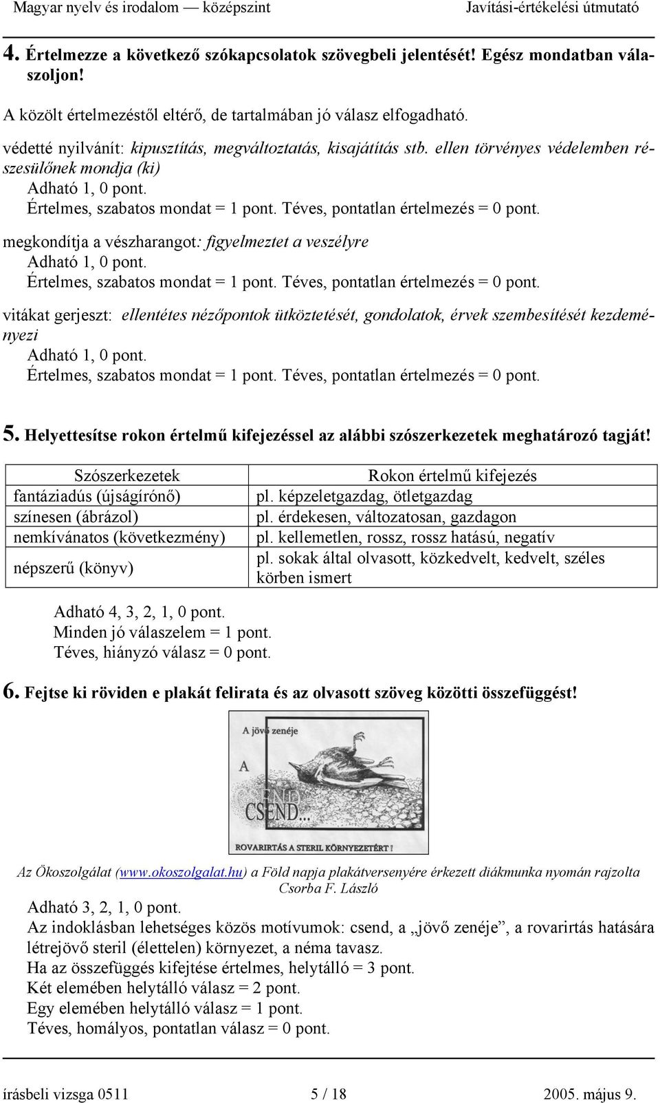 Téves, pontatlan értelmezés = 0 pont. megkondítja a vészharangot: figyelmeztet a veszélyre Adható 1, 0 pont. Értelmes, szabatos mondat = 1 pont. Téves, pontatlan értelmezés = 0 pont.