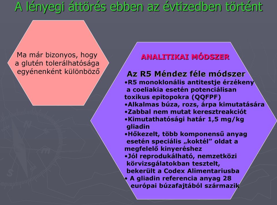 nem mutat keresztreakciót Kimutathatósági határ 1,5 mg/kg gliadin Hőkezelt, több komponensű anyag esetén speciális koktél oldat a megfelelő kinyeréshez