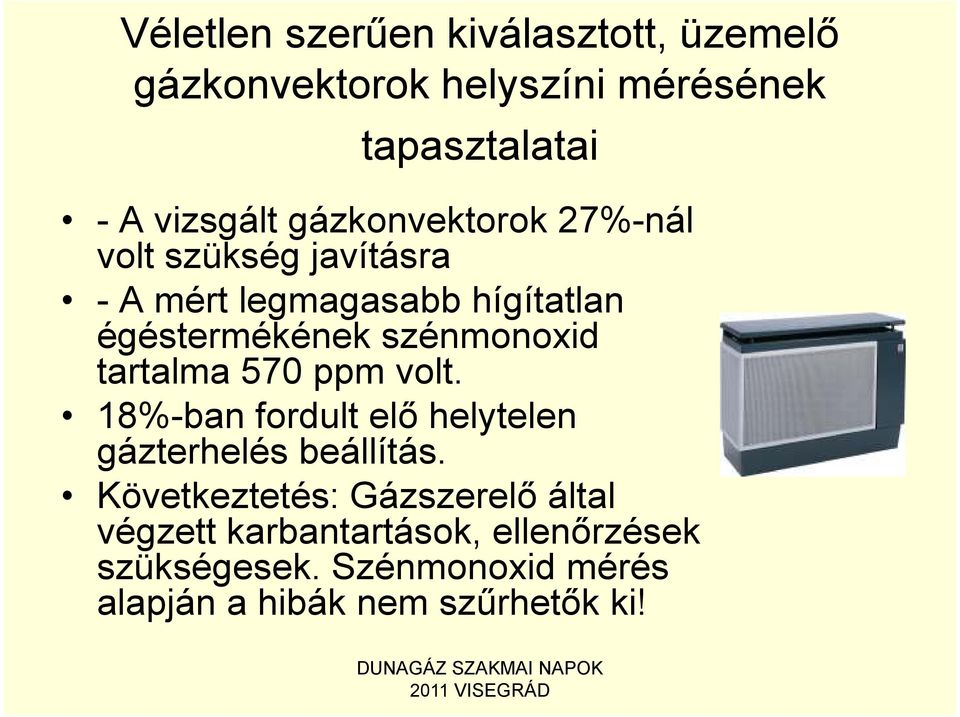 szénmonoxid tartalma 570 ppm volt. 18%-ban fordult elő helytelen gázterhelés beállítás.