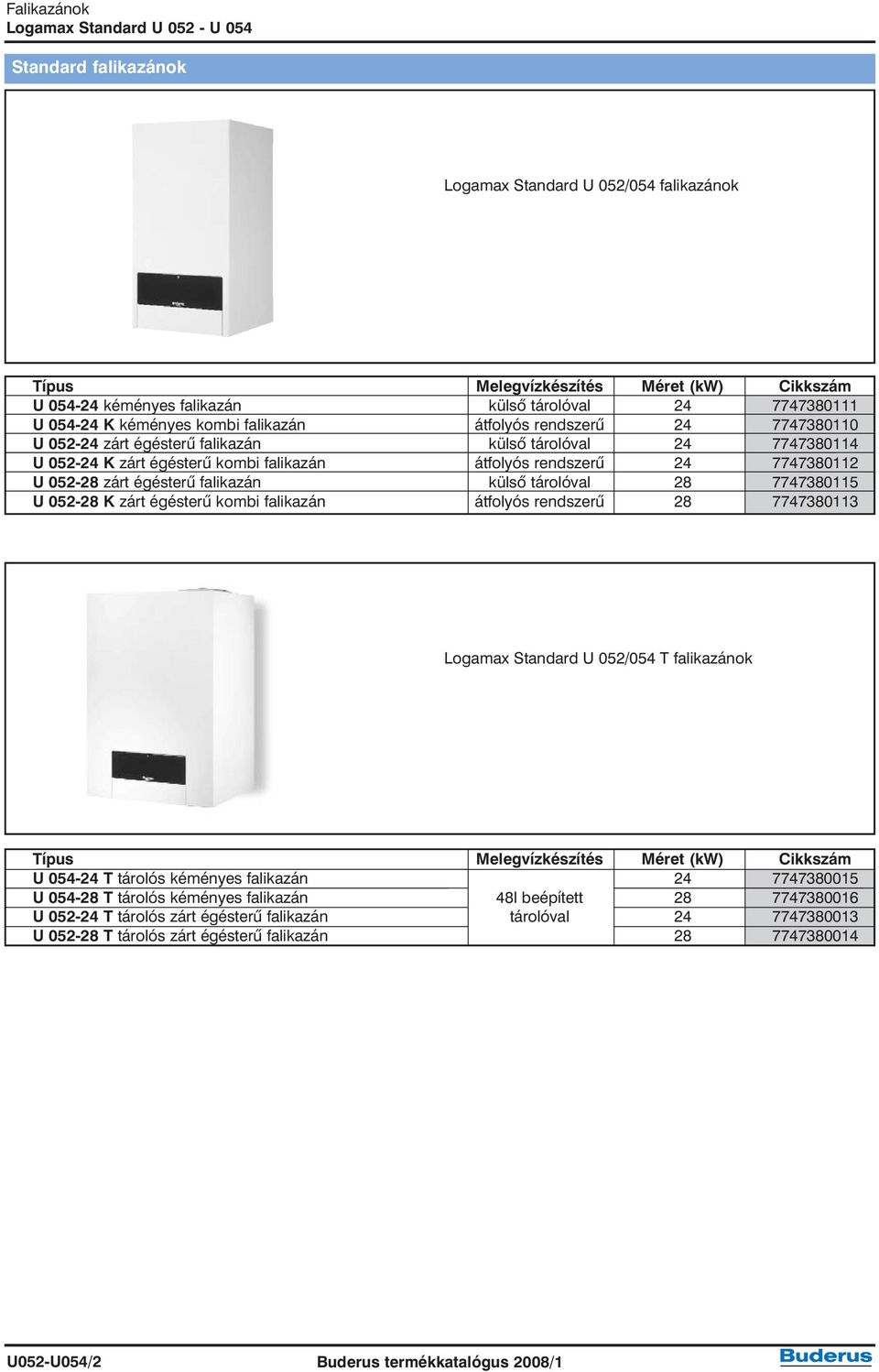 falikazán külsõ tárolóval 28 7747380115 U 052-28 K zárt égésterû kombi falikazán átfolyós rendszerû 28 7747380113 Logamax Standard U 052/054 T falikazánok Típus Melegvízkészítés Méret (kw) Cikkszám U