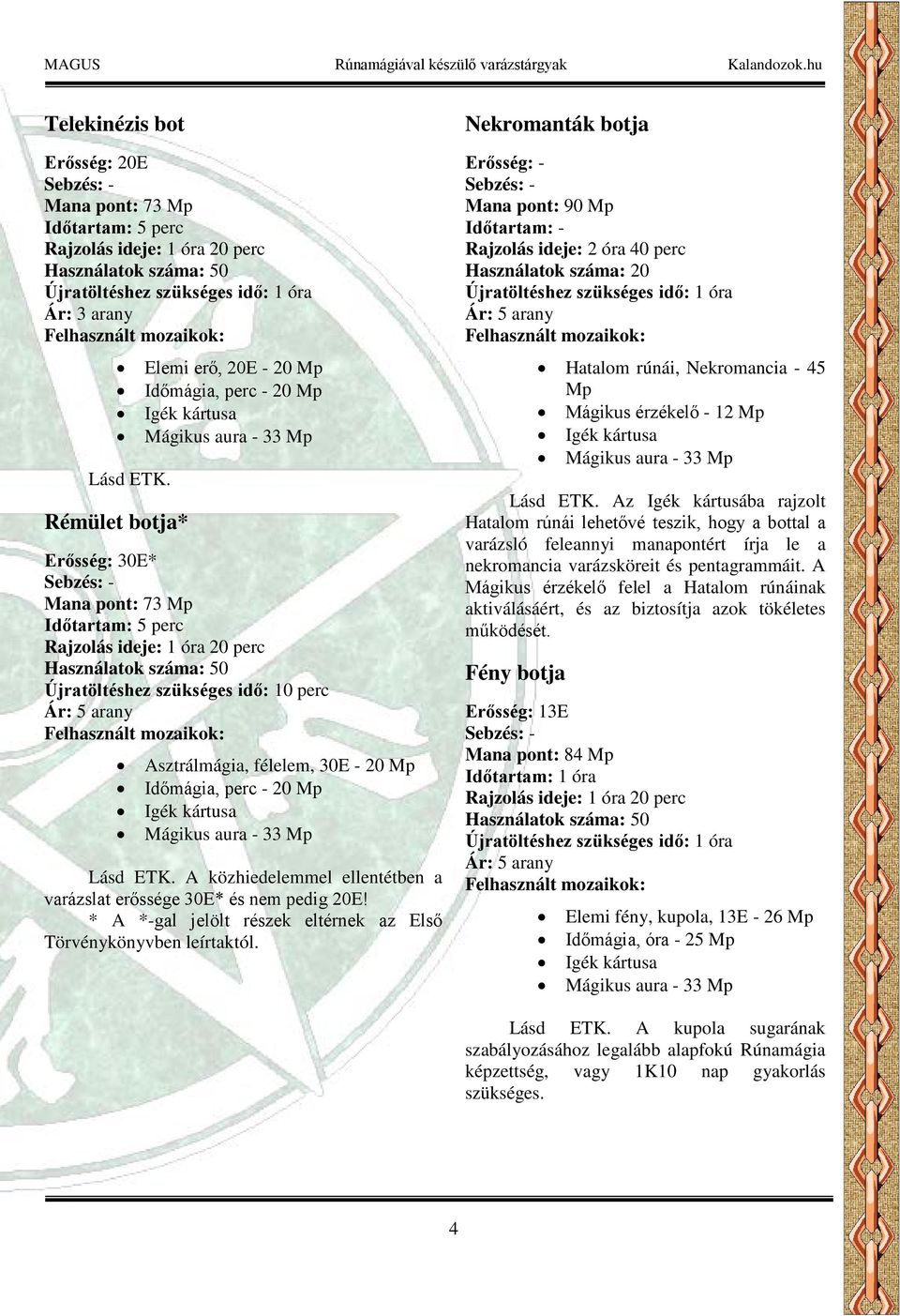 Nekromanták botja Erősség: - Mana pont: 90 Mp Időtartam: - Rajzolás ideje: 2 óra 40 perc Használatok száma: 20 Újratöltéshez szükséges idő: 1 óra Hatalom rúnái, Nekromancia - 45 Mp Mágikus érzékelő -