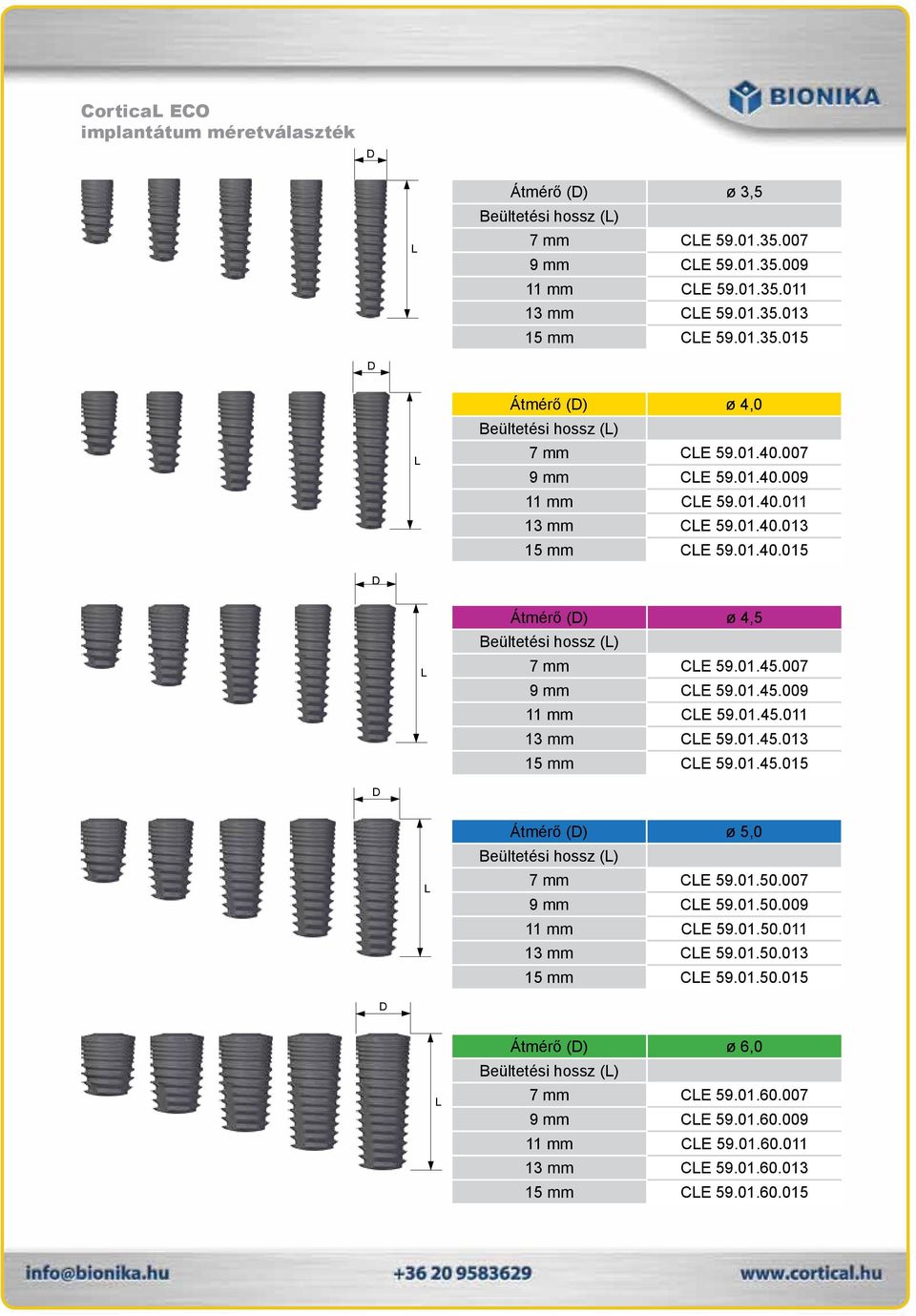 007 9 mm CE 59.01.45.009 11 mm CE 59.01.45.011 13 mm CE 59.01.45.013 15 mm CE 59.01.45.015 D Átmérő (D) ø 5,0 Beültetési hossz () 7 mm CE 59.01.50.