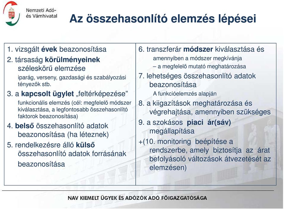 belsı összehasonlító adatok beazonosítása (ha léteznek) 5. rendelkezésre álló külsı összehasonlító adatok forrásának beazonosítása 6.