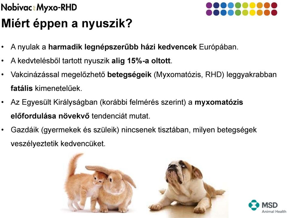 Vakcinázással megelőzhető betegségeik (Myxomatózis, RHD) leggyakrabban fatális kimenetelűek.