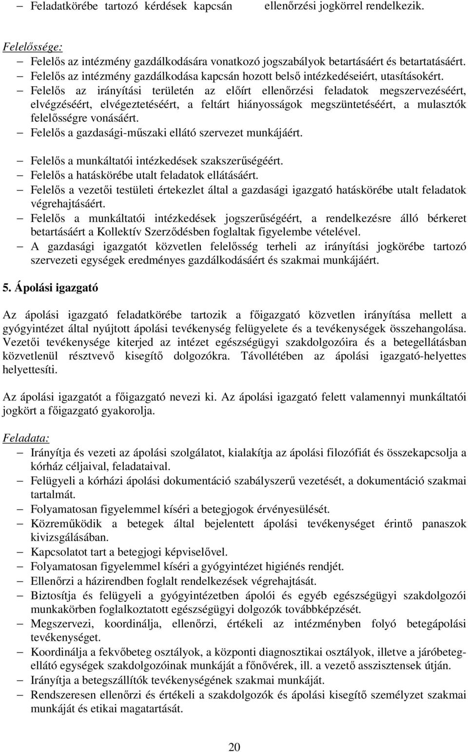 Felelős az irányítási területén az előírt ellenőrzési feladatok megszervezéséért, elvégzéséért, elvégeztetéséért, a feltárt hiányosságok megszüntetéséért, a mulasztók felelősségre vonásáért.