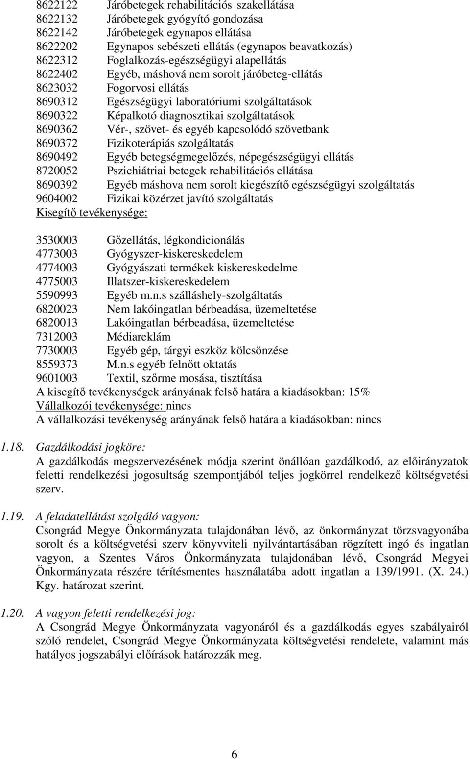 szolgáltatások 8690362 Vér-, szövet- és egyéb kapcsolódó szövetbank 8690372 Fizikoterápiás szolgáltatás 8690492 Egyéb betegségmegelőzés, népegészségügyi ellátás 8720052 Pszichiátriai betegek