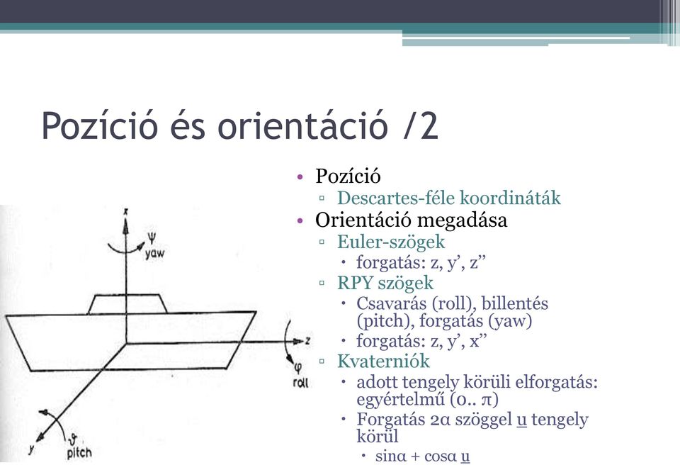 billentés (pitch), forgatás (yaw) forgatás: z, y, x Kvaterniók adott