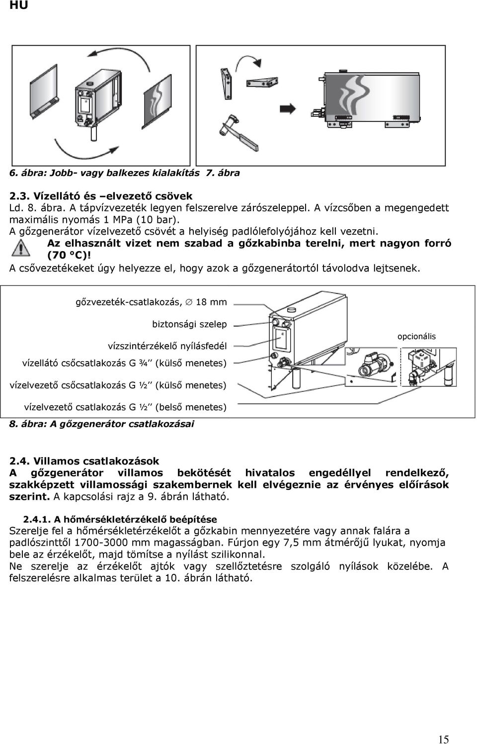 Az elhasznált vizet nem szabad a gőzkabinba terelni, mert nagyon forró (70 C)! A csővezetékeket úgy helyezze el, hogy azok a gőzgenerátortól távolodva lejtsenek.