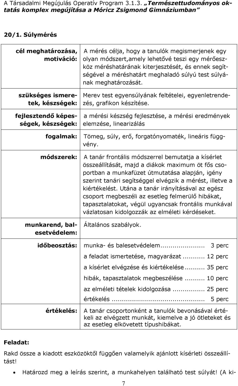 Merev test egyensúlyának feltételei, egyenletrendezés, grafikon készítése.