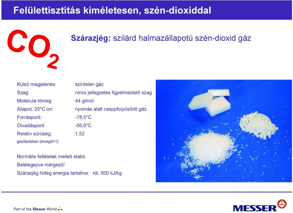 cseppfolyósított gáz Forráspont: -78,5 C Olvadáspont: -56,6 C Relatív sűrűség: 1,52 gázfázisban