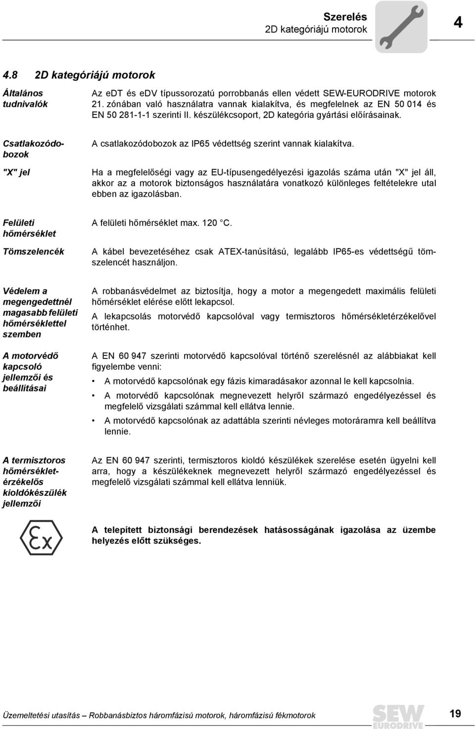 Csatlakozódobozok "X" jel A csatlakozódobozok az IP65 védettség szerint vannak kialakítva.