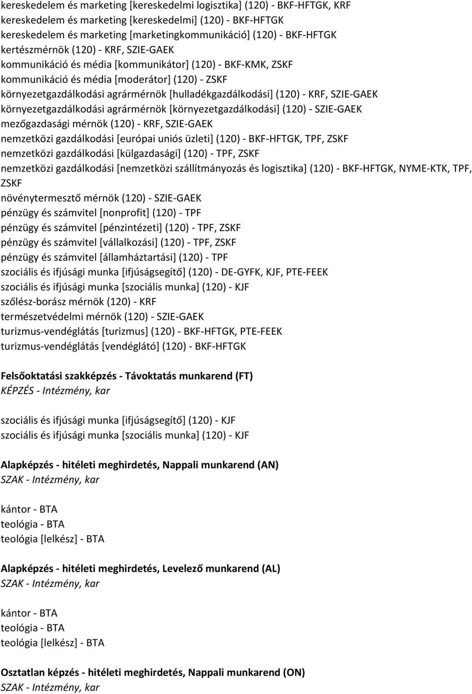 [hulladékgazdálkodási] (120) - KRF, SZIE-GAEK környezetgazdálkodási agrármérnök [környezetgazdálkodási] (120) - SZIE-GAEK mezőgazdasági mérnök (120) - KRF, SZIE-GAEK nemzetközi gazdálkodási [európai