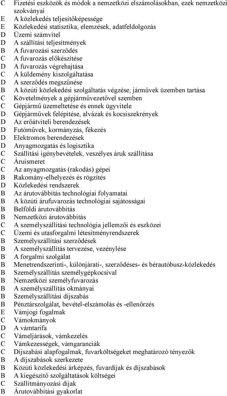 szolgáltatás végzése, járművek üzemben tartása Követelmények a gépjárművezetővel szemben Gépjármű üzemeltetése és ennek ügyvitele Gépjárművek felépítése, alvázak és kocsiszekrények Az erőátviteli