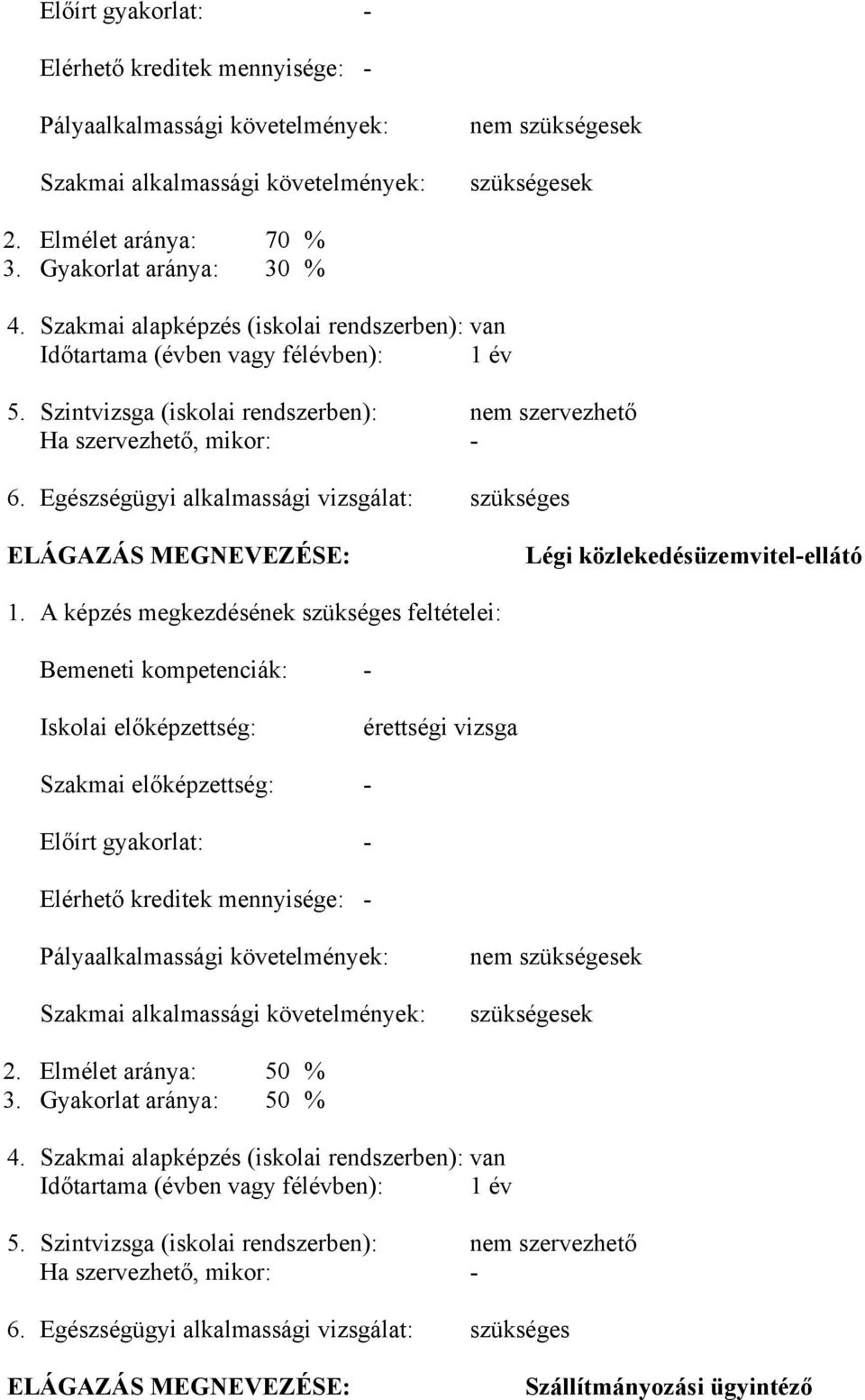 Egészségügyi alkalmassági vizsgálat: szükséges ELÁGAZÁS MEGNEVEZÉSE: Légi közlekedésüzemvitel-ellátó 1.