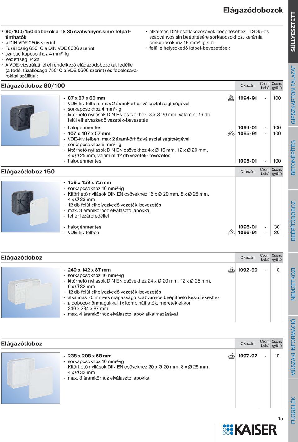 beépítésére sorkapcsokhoz, kerámia sorkapcsokhoz 16 mm²-ig stb. felül elhelyezkedő kábel-bevezetések Elágazódoboz 80/100 Cikkszám Csom.