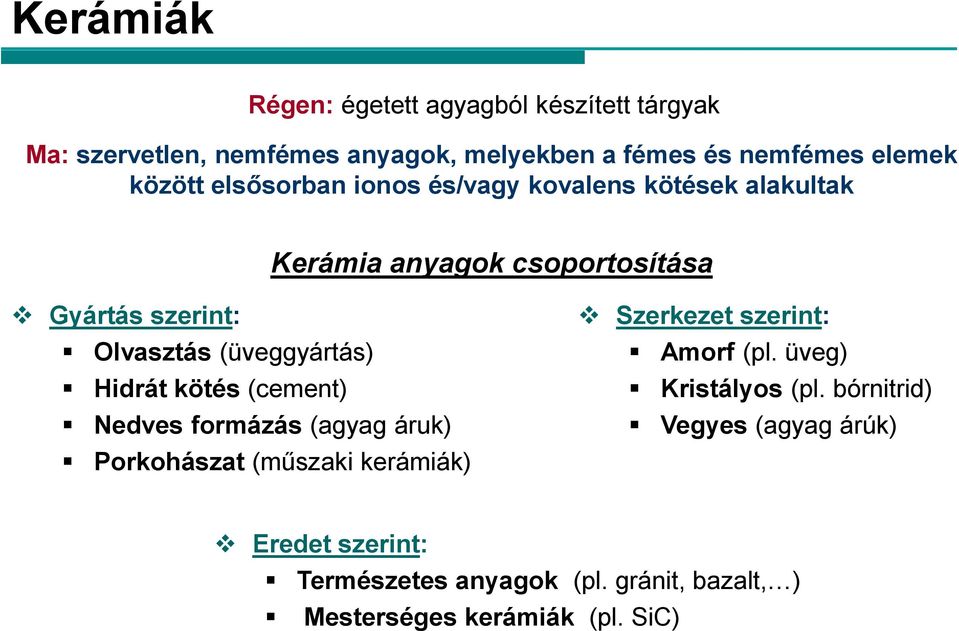 (üveggyártás) Hidrát kötés (cement) Nedves formázás (agyag áruk) Porkohászat (műszaki kerámiák) Szerkezet szerint: Amorf (pl.