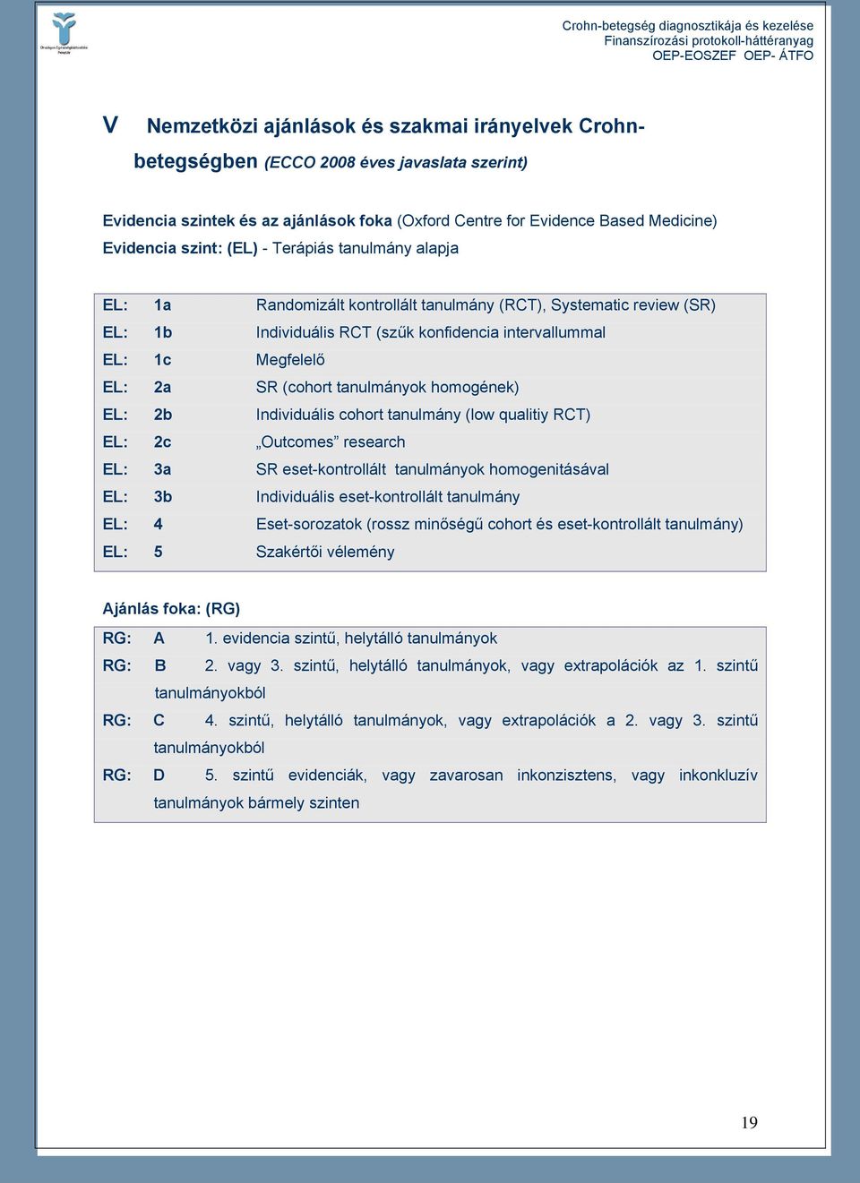 tanulmányok homogének) EL: 2b Individuális cohort tanulmány (low qualitiy RCT) EL: 2c Outcomes research EL: 3a SR eset-kontrollált tanulmányok homogenitásával EL: 3b Individuális eset-kontrollált