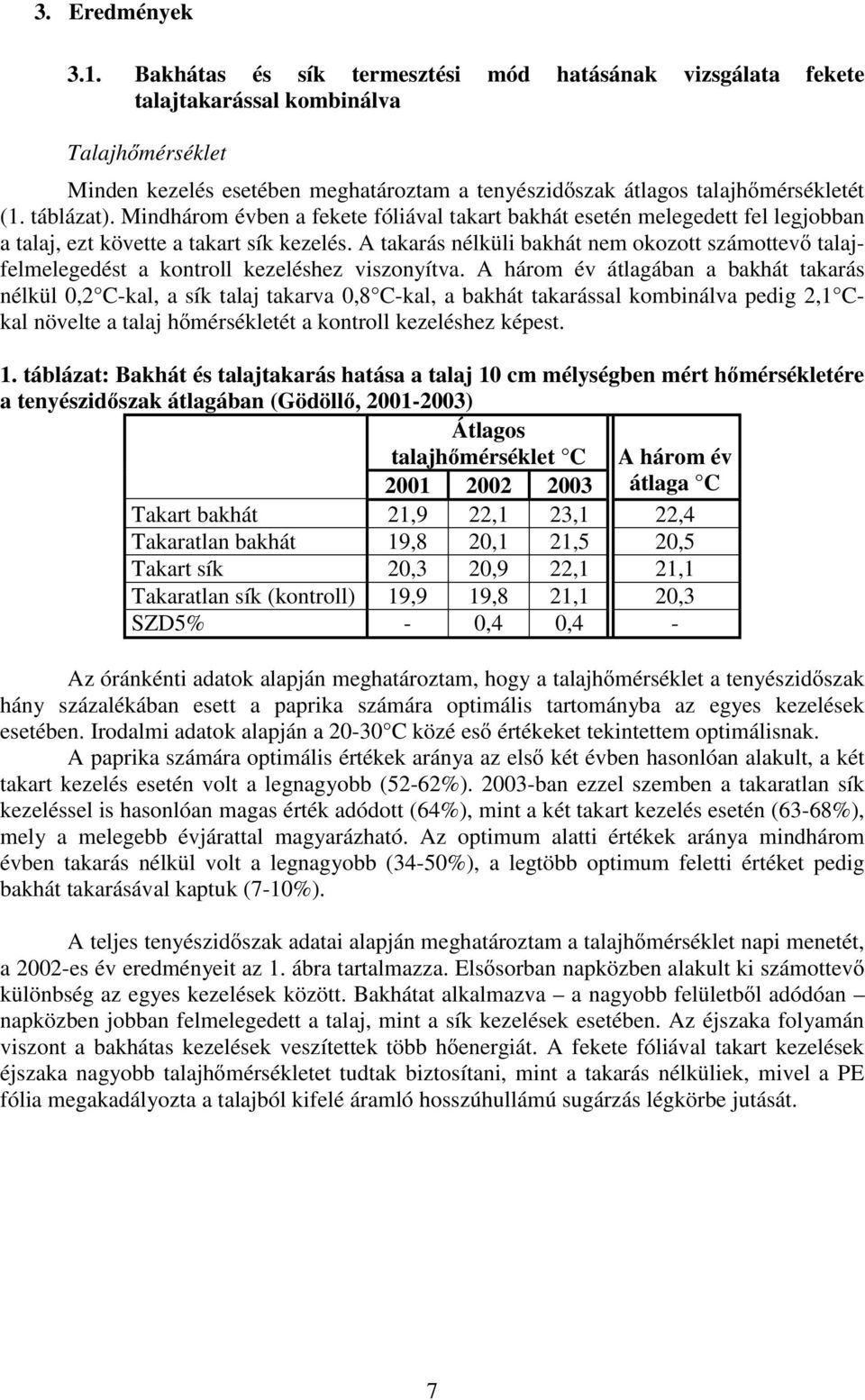 Mindhárom évben a fekete fóliával takart bakhát esetén melegedett fel legjobban a talaj, ezt követte a takart sík kezelés.